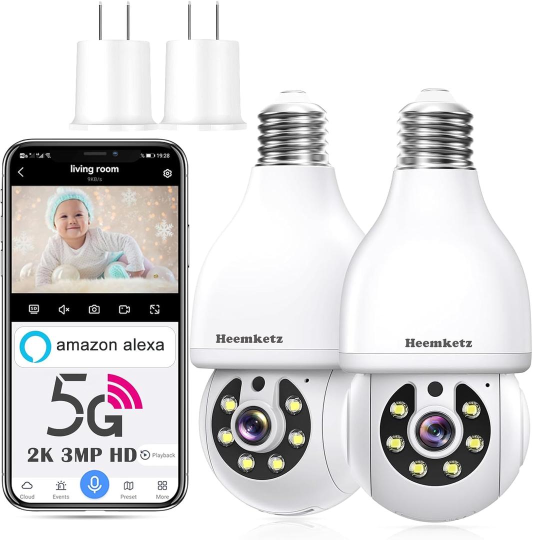 2 x 2K Light Bulb Security Camera,5G&2.4GHz WiFi 360 Motion Tracking, Color Night Vision, Alexa Compatible, Wireless WiFi Security Camera with Two-Way Audio, SD/Cloud Storage and Smart Alerts