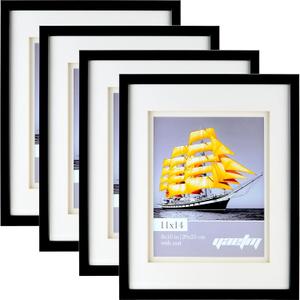 Yaetm 11x14 Double Floating Mat Picture Frame Set of 4, Display Picture 8x10 with White Double Mat, Polished High Definition Real Glass, Wall Mounting Photo Frames, Black/White, Pack of 4