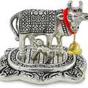 NOBILITY Pooja Items Diwali Gift Silver Antique Small Kamdhenu Cow with Calf Metal Statue Decorative Item Showpiece for Home Office Decoration Wedding Return Gifts Pack of 6