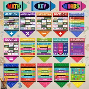 ReliThick 18 Pcs Elementary Math Poster for Beginning of The School Year Math Keywords Back to School Classroom Crayon Decorations Mathematics Symbol Poster Bulletin Board Decor Elementary Supplies, 14.2 x 8.86 inches, 5.7 x 14.2 inches