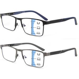 2 Pack Multifocal Progressive Reading Glasses Men, Blue Light Multifocus Bifocal Readers for Mid and Near Range (Black & Gunmetal)
