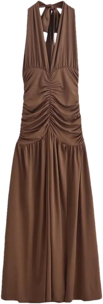 Womens Solid V-Neck Dress Sleeveless Tie-Up Off-Shoulder Dresses Slim Fit Beach Sundress, Large m Dark Brown 