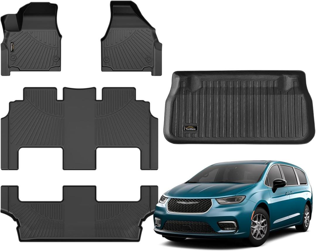 Floor Mats & Cargo Liner Custom for Chrysler Pacifica 2017-2024 2025 Hybrid 7-Seater Touring (Not for Pinnacle) All Weather TPE Rubber Trunk Mat Automotive Floor Liners for Pacifica 2025 Accessories