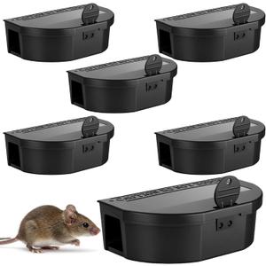 6 Pack Mouse Bait Station Rat Bait Stations Tamper Resistant Boxes with Security Key Pets & Children Safe Reusable for Indoor Outdoor Pest Control (Black)