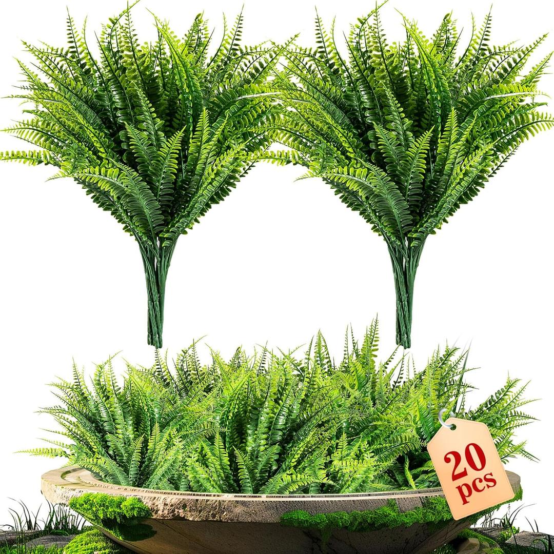 MAQIHAN 20 PCS Fake Fern - Artificial Ferns for Outdoors Faux Ferns for Outdoors Planter Large Outdoor Patio Decor Boston Fern Artificial Plants Faux Greenery Outdoor Porch Decor