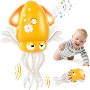 Baby Dancing Octopus Toy for 1 2 3 4 5 Year Old Boy Girl, Baby Tummy Time Electric Crawling Octopus Toys 12-18 Months, Dancing Squid Toy for Walking Toddlers, Kids 1st Birthday Gifts, Yellow