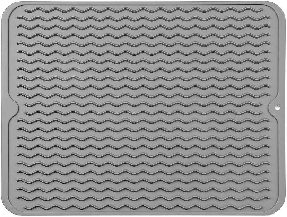 Silicone Dish Drying Mat for Multiple Usage,Easy clean,Eco-friendly,Heat-resistant Silicone Mat for Kitchen Counter or Sink,Refrigerator or Drawer liner Grey L 16 inches x 12 inches (Gray)