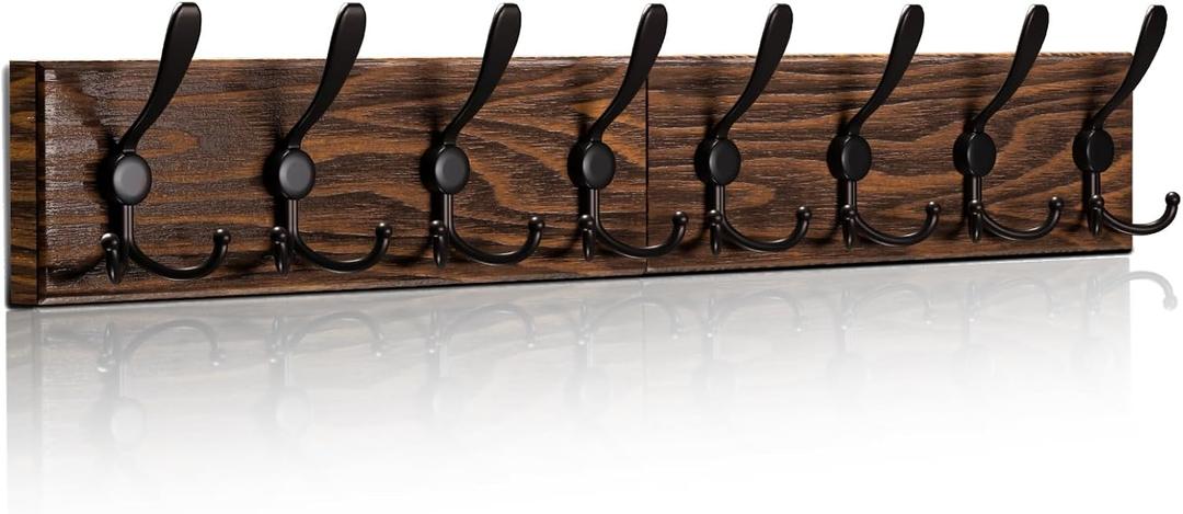Wooden Wall Coat Rack with 8 Tri Metal Hooks for Hanging Coats, Backpacks and More - 28 Inch Wall Mounted for Mudroom, Farmhouse Entryway (Burlywood+Black)