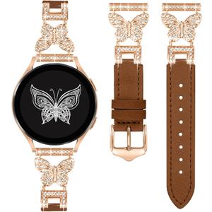 Leather Band Compatible for Samsung Galaxy Watch 7/6/5/4 40mm 44mm/Watch 4/6 Classic/5 Pro/Active 2, 20mm Dressy Watch Strap with Bling Butterfly Metal Buckle for Women (Brown 1/Butterfly)