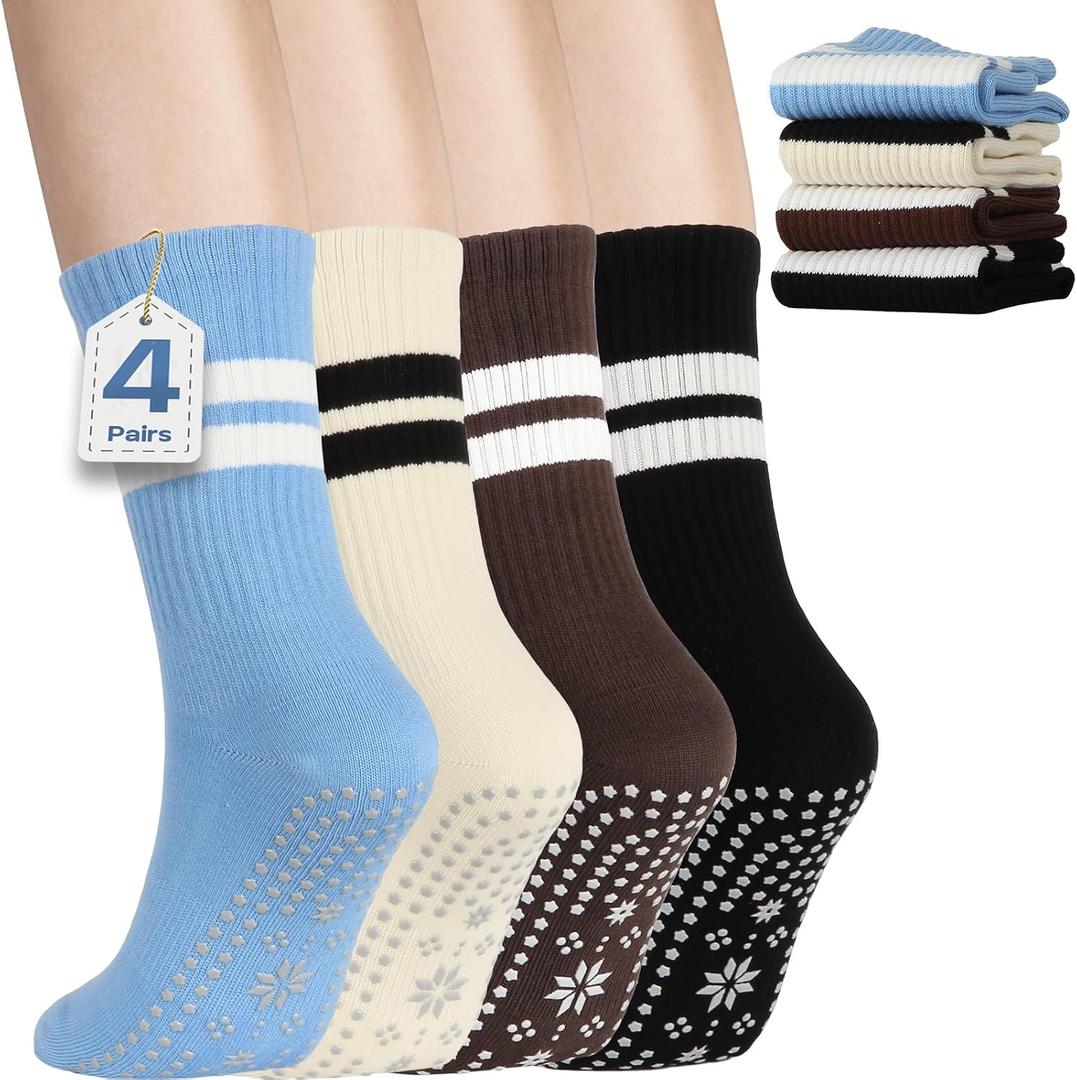 4 x Pilates Socks with Grips for Women, Non-Slip Grippy Yoga Socks with Sticky Bottom for Barre, Workouts, Hospital
