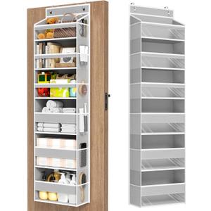 Over The Door Organizer, 6 Shelf Door Hanging Organizers with 6 Large Capacity Pockets, Behind Door Storage Hanging Shelves for Closet Wall Bathroom Bedroom Nursery (Grey)