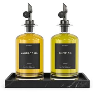 Verspace - Clear Glass Olive Oil Dispenser Bottles For Kitchen With Silicone Tray - 2 Pack - 17oz Includes 40 Labels, Soy Sauce Dispenser, Coffee Syrup Dispenser, Olive Oil Bottles