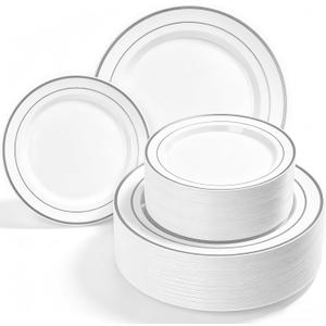 HOMIP 200PCS White and Silver Plastic Plates, Disposable Party Plates with 100 Dinner Plates 10" and 100 Dessert Plates 7", Plastic Plates for Party, Wedding and Birthday