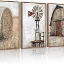 Drsoum Farmhouse Wall Art Vintage Rustic Windmill Barn Cornfield Pictures Framed Painting Landscape Countryside Rural Canvas Artwork Home Decor Ready to Hang 16x24in - Natural Framed