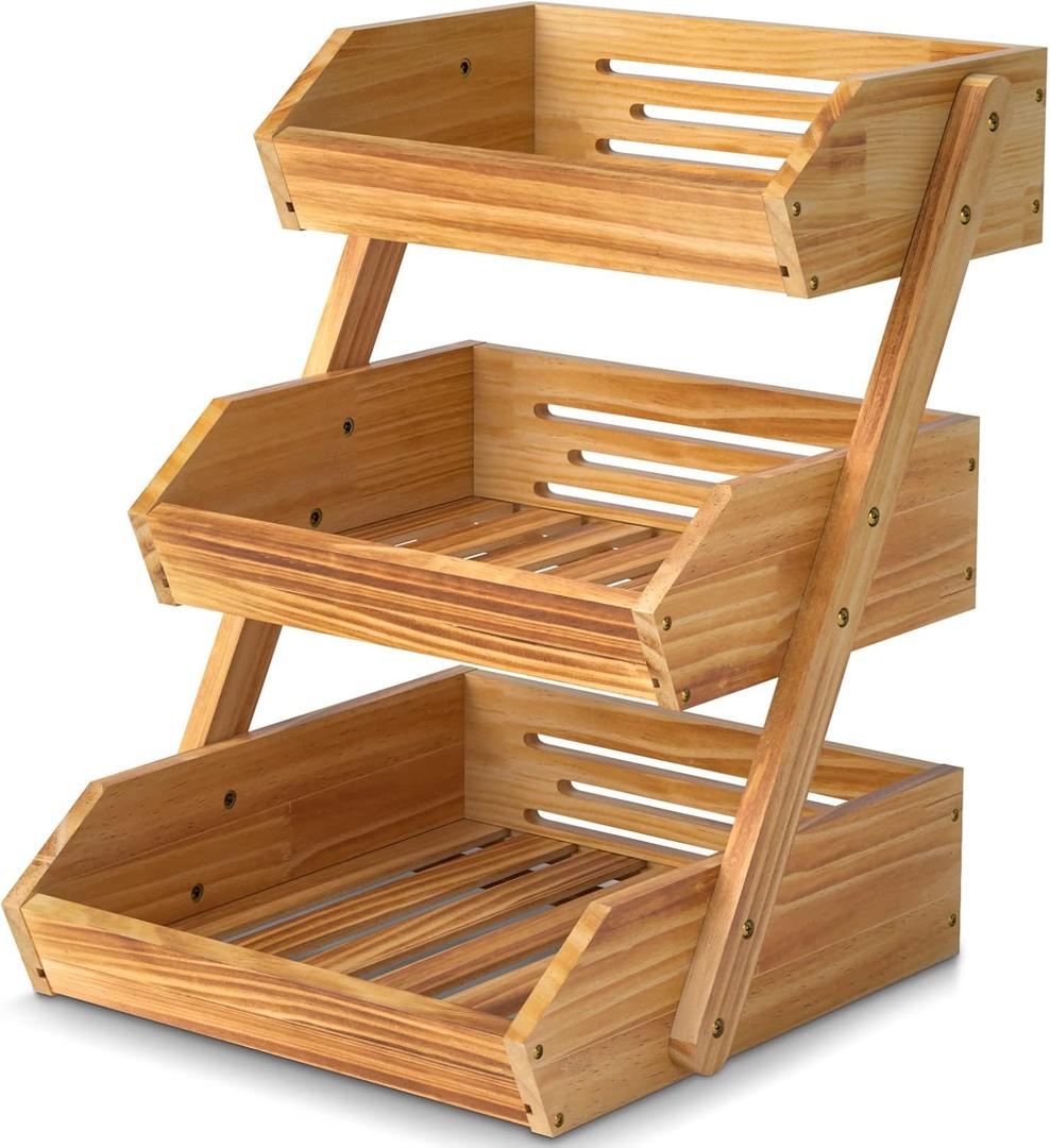 Merysen 3 Tier Wooden Fruit Basket For Kitchen, Bread Vegetable Fruit Basket Bowl Stand, Farmhouse Fruit Bowl for Countertop, Large