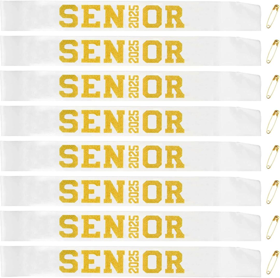 8 Pcs Senior 2025 Sashes, White Senior 2025 Sashes with Gold Glitter Letters, Class of 2025 Graduation Celebration Sashes for Graduation Party Decorations