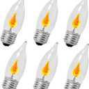 6 Pack Flicker Flame E26 Light Bulbs, E26 Standard Base, Flickering Orange Glow,3W Candle Style Flame Tip Lights with Warm Orange Glow for Chandeliers, Lanterns and Home Decor
