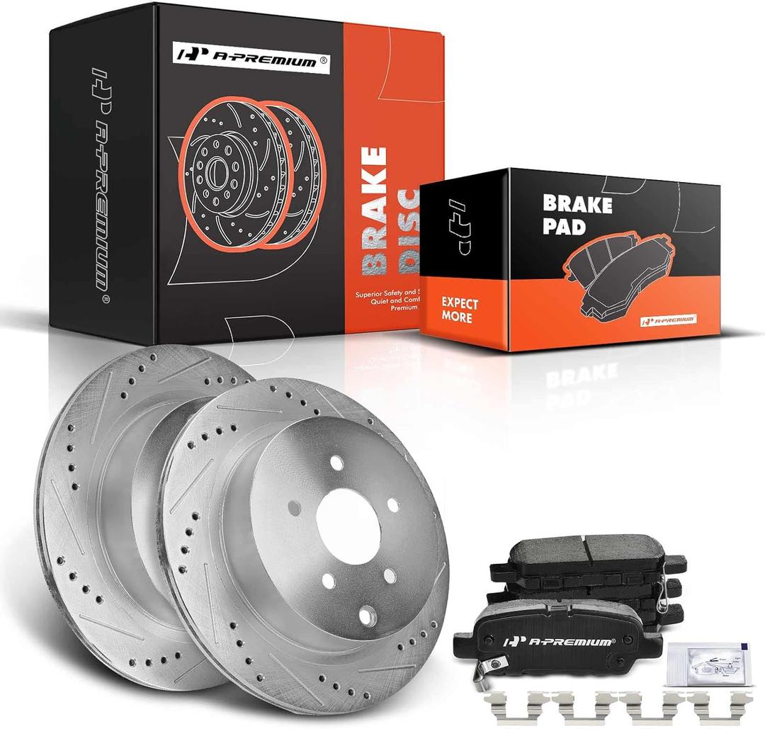 A-Premium 12.13 inch (308.10mm) Rear Drilled and Slotted Disc Brake Rotors + Ceramic Pads Kit Compatible with Select Infiniti and Nissan Models - FX35, Q50, QX70, JX35, M35H, M37, M56, Q60, Murano