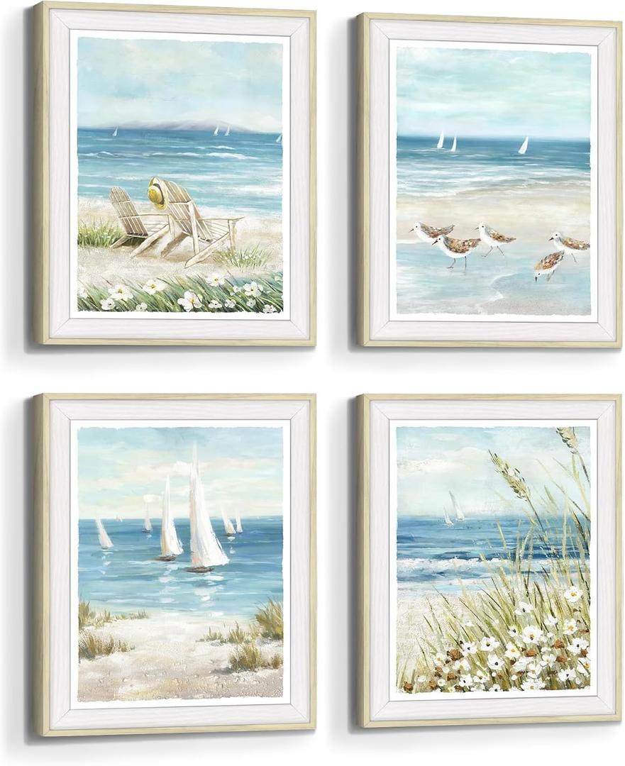 Bedroom Framed Beach Wall Art: Modern Living Room Blue Ocean Scene Picture 4 Piece Bathroom Tropical Coastal Landscape Artwork Vertical Relaxing Seascape Sailboat Painting Sea Print for Home