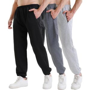 3 Pack Sweatpants for Men Athletic Gym Workout Mens Joggers with Zipper Pockets Active Running Pants (XX-Large, Black / Dark Grey / Light Grey)