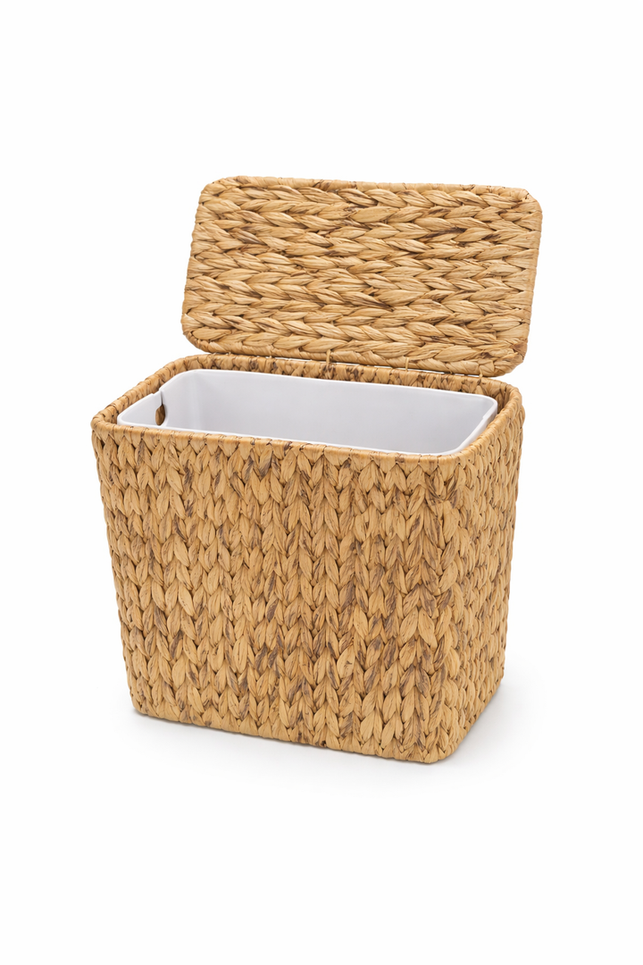 Coeusy 3 Gallon Wicker Trash Can,Small Bathroom Trash Can with Lid,Natural Water Hyacinth Wicker Waste Basket for Bedroom,Toilet,Narrow Garbage Can with Removable Liner
