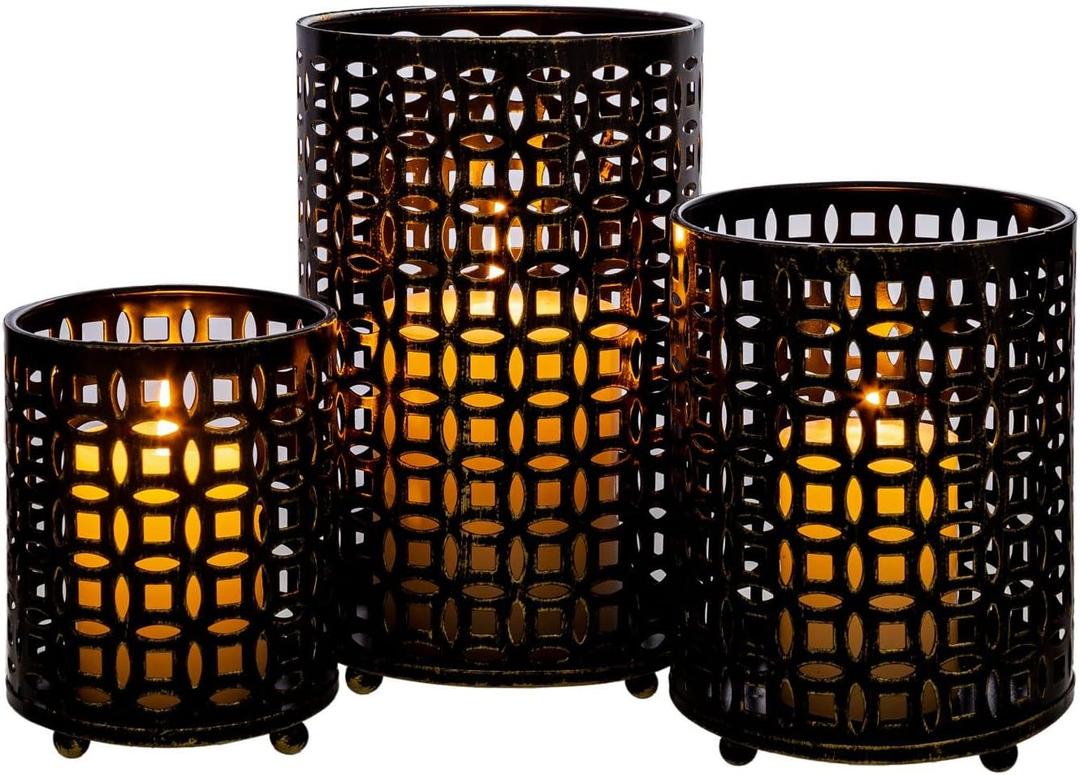 Metal Candle Holders Set of 3, Decorative Tealight Candle Holder Sets, Candlestick for Pillar Vintage Style Perfect for Tabletop Centerpieces Home Decor Wedding Parties Events (Copper coin shape, Black&gold)