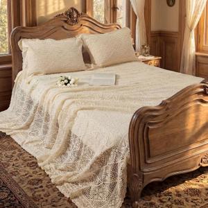 Tigeen Large Vintage Queen Bedding Set Crochet Linen Bedspread 94.5 x 110 Inches 1 Pcs Floral Beige Lace Blanket Light Blanket for Summer Bed Spread with 2 Pcs Pillowcases, Gifts for Woman