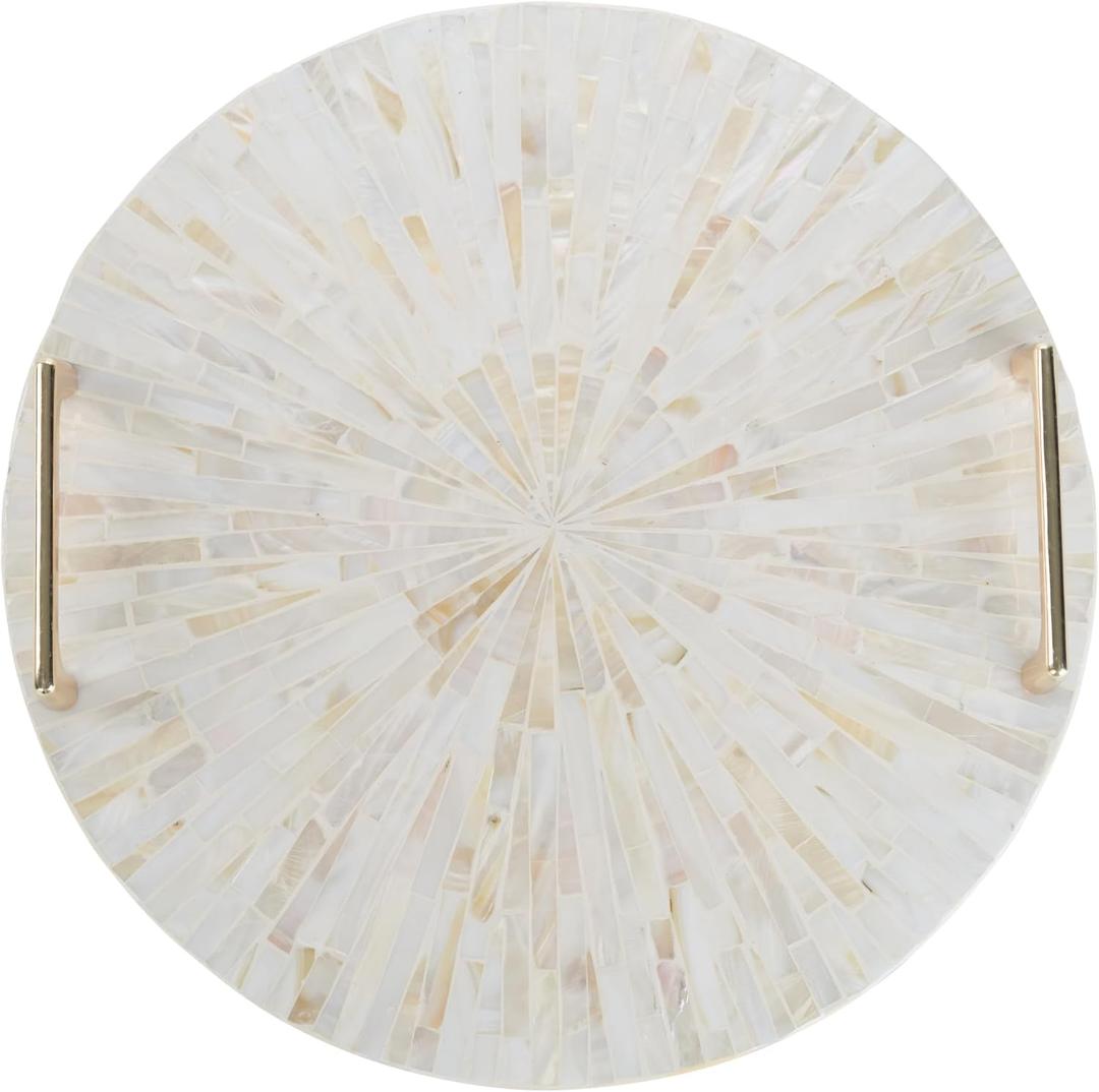 PEMAR Mother of Pearl Decorative Tray, 13"" Round with Gold Metal Handles, Vanity/Perfume/Trinket Tray, Catchall for Dresser, Bathroom, Vanity Table (White Sunlight), PM24-PM15