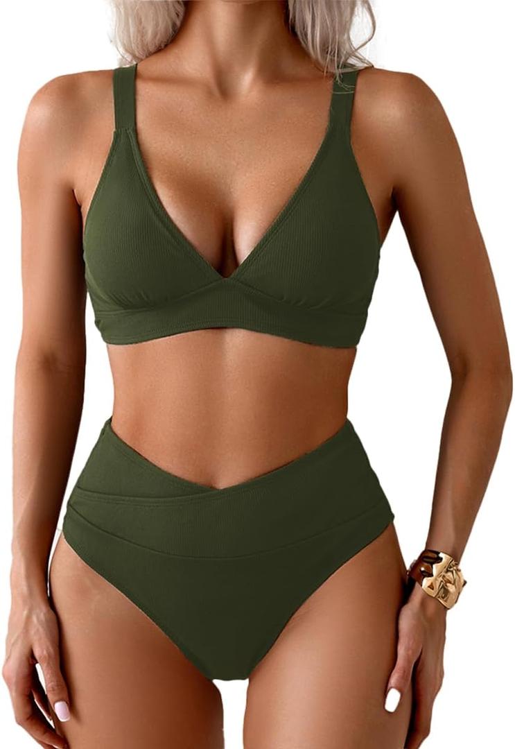 Sexy Ribbed Bikini Set 2 Piece Womens High Waisted V-Cut Cheeky High Leg Tummy Control Longline Swimsuit (Medium, Army Green)