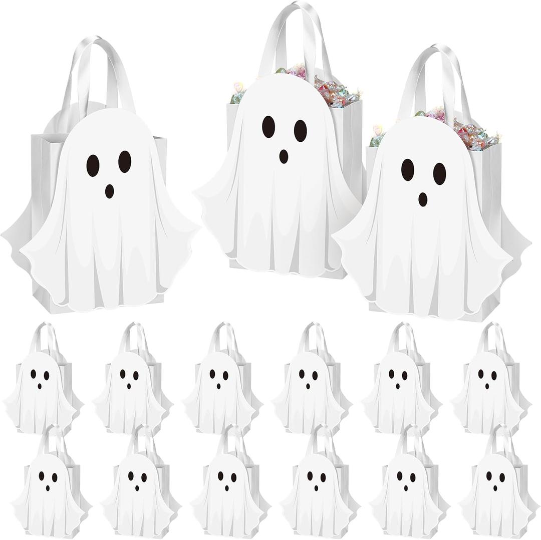Sweetude 24 Pcs Halloween Ghost Paper Gift Bags Party Favor Bags with Handle for Trick-or-treat Candy Goodie Pastel for Halloween Spooky Birthday Holiday Party Supplies (White)