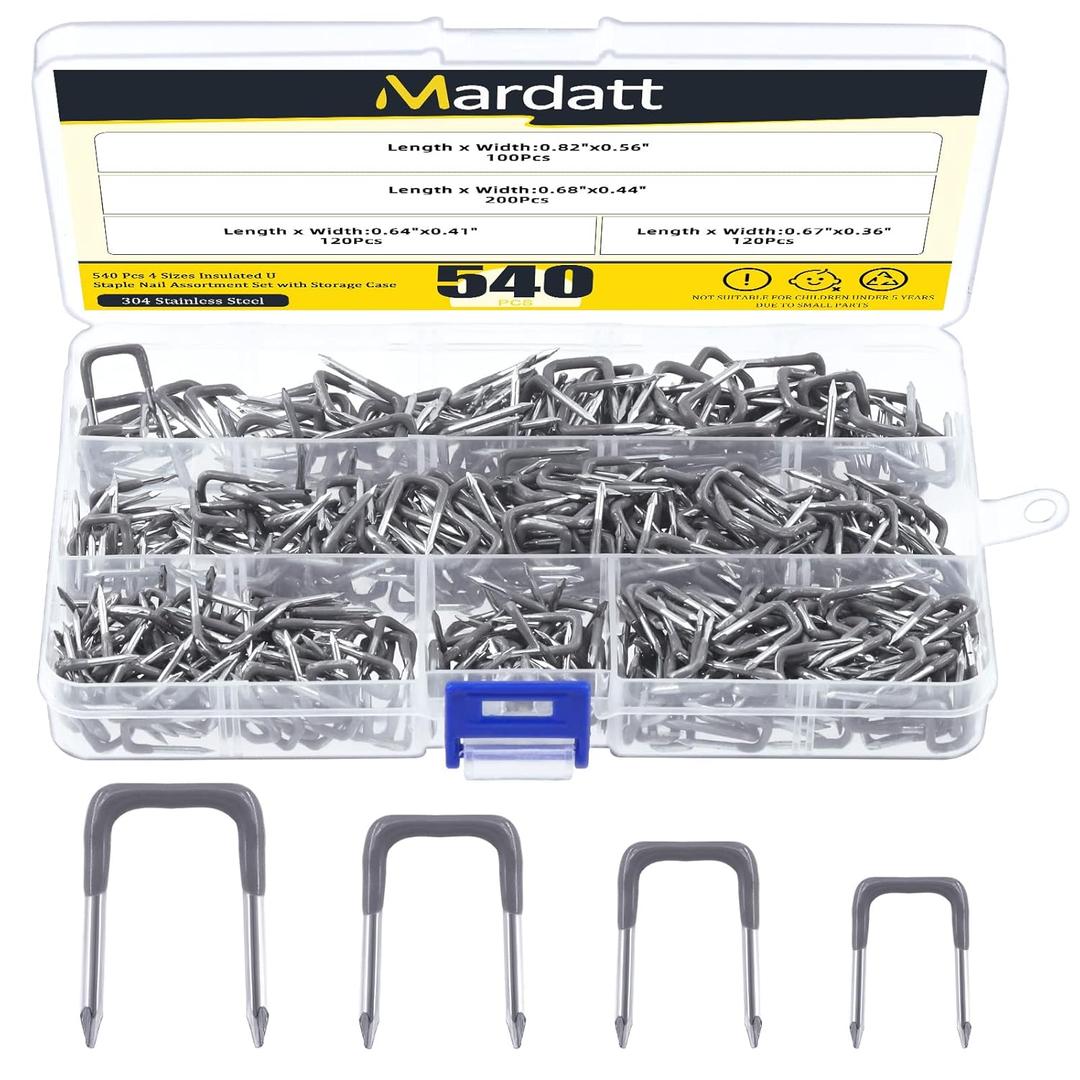540 Pcs Insulated U Staple Nail Assortment Set with Storage Case, 0.56", 0.44, 0.41", 0.36" Metal Cable Staple for Fixing Electrical Wire