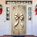 Elegant Bow Door Cover 71x35 Inch Luxury Gift Banner with Gold Floral Accents and White Ribbon Design for Front Door Indoor Outdoor Holiday Party Decor