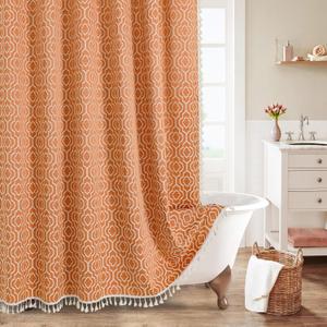 MitoVilla Orange Boho Shower Curtains for Modern Farmhouse Bathroom Decor, Bohemia Geometric Cotton Fabric Shower Curtain, Fall Country Tassel Cloth Shower Curtain, 72 x 72 In