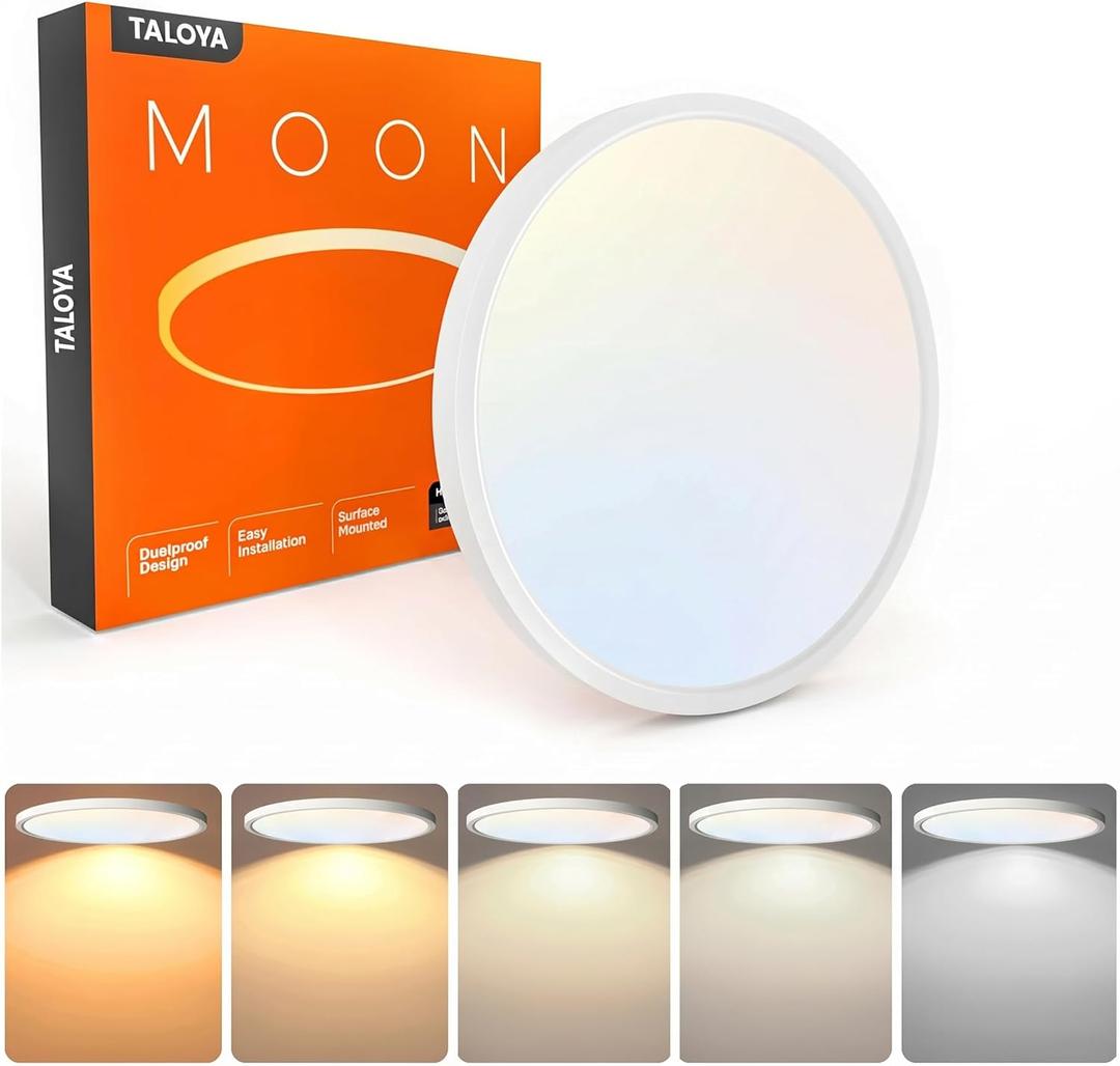 TALOYA Flush Mount 12 Inch Ceiling Light (Milk White Shell), 20W Surface Mount LED Light Fixture for Bedroom Kitchen,5 Color Temperatures in One,0.94 Inch Thickness Round