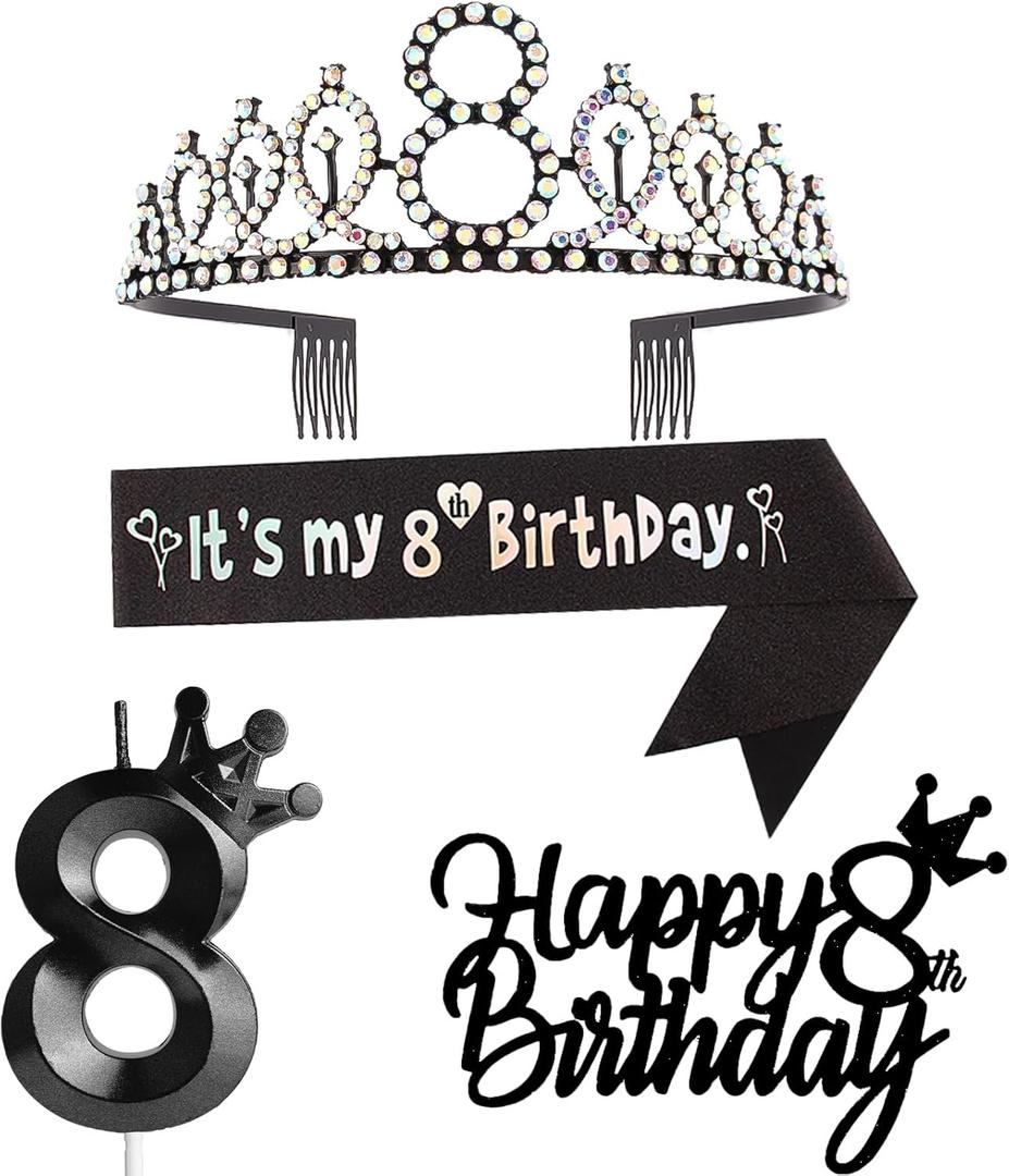 8th Birthday Decorations for Girl - Including Crown/Tiara, Sash, Cake Toppers & Number 8 Candles - Black Party Supplies