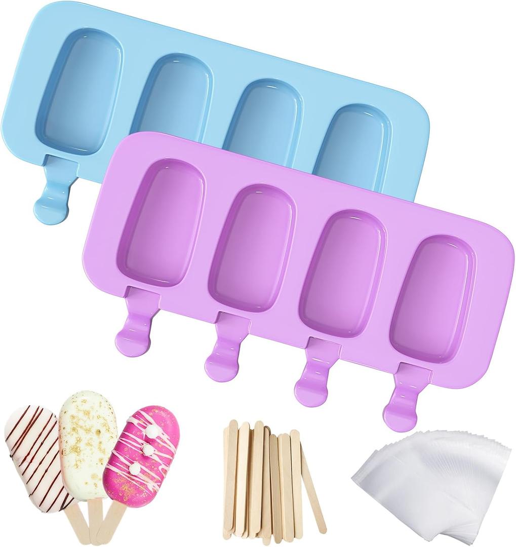 Ozera Popsicles Molds, 2 Pack Silicone Cake Pop Molds Reusable Popsicle Maker Ice Pop Cakesicle Molds with 50 Wooden Sticks & 50 Popsicle Bags for Homemade DIY Popsicles (Blue and Purple)
