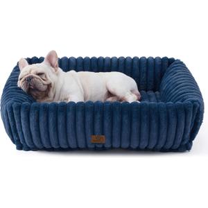 Bedsure ComfyFleece Cute Dog Beds Large Sized Dog - Washable Furry Pet Beds, Rectangle Orthopedic Corduroy Fleece Puppy Beds with Removable Zipper Cover, 30x24x8 inches,Night Blue