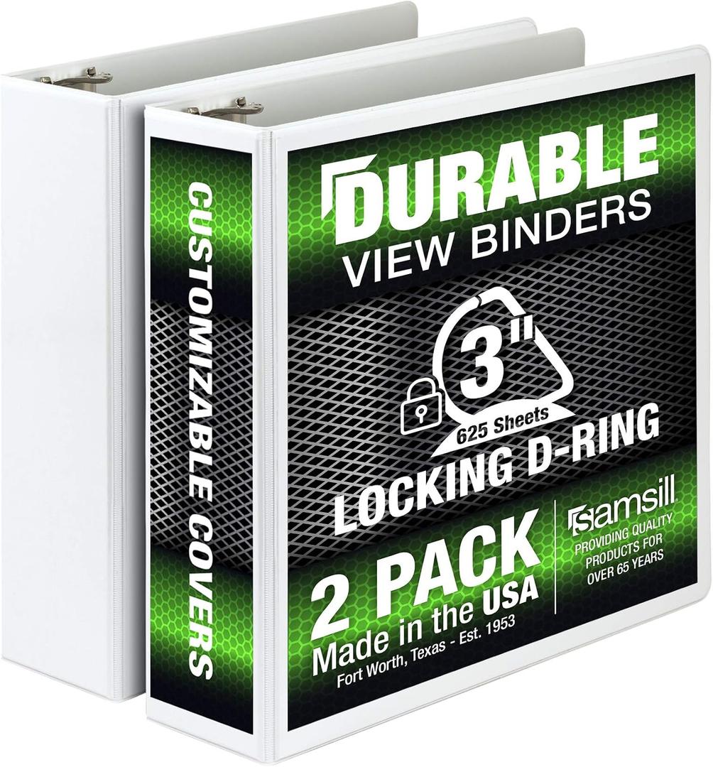 Samsill Durable 3 inch 3 Ring Binder, D Ring Binder,100% Recycled Chipboard, White, 2 Pack