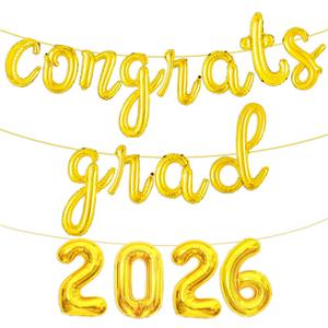 2 x Gold Congrats Grad 2026 Balloons, 16 Inch Congrats Grad Balloon 2026 Graduation Balloons for College High School Preschool Graduation Decorations 2026