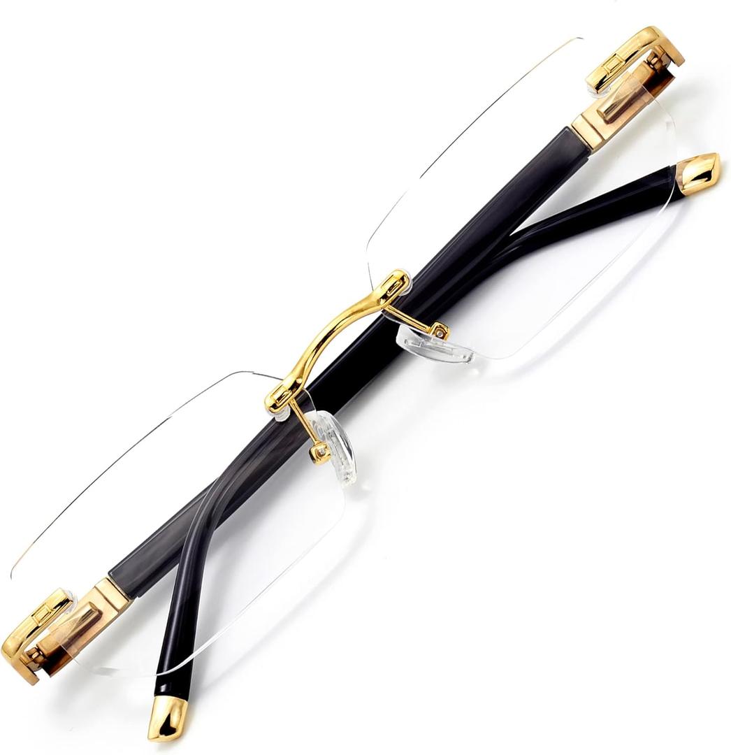 HIGHLIKE Rimless Reading Glasses, Spring Hinge Readers, Diamond Cut Edge Design Blue Light Glasses, Golden 2.25 x