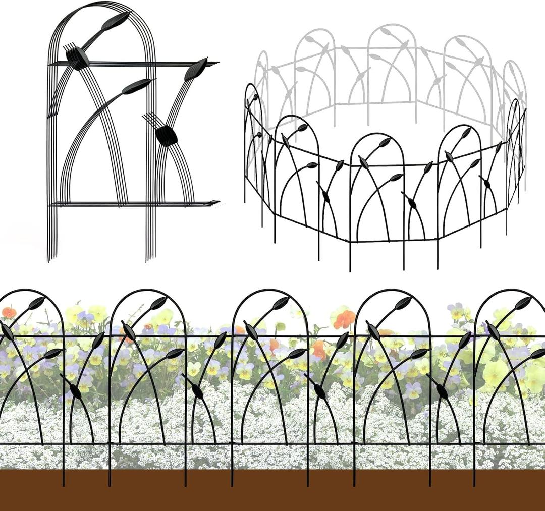 Thealyn Metal Decorative Garden Fence Border, 32 in.H x 19.5 in.W (10 Panels, Total Length 16 feet) No Dig Fence Rustproof Wrought Iron Landscape Fencing for Flower Bed, Trees, Black