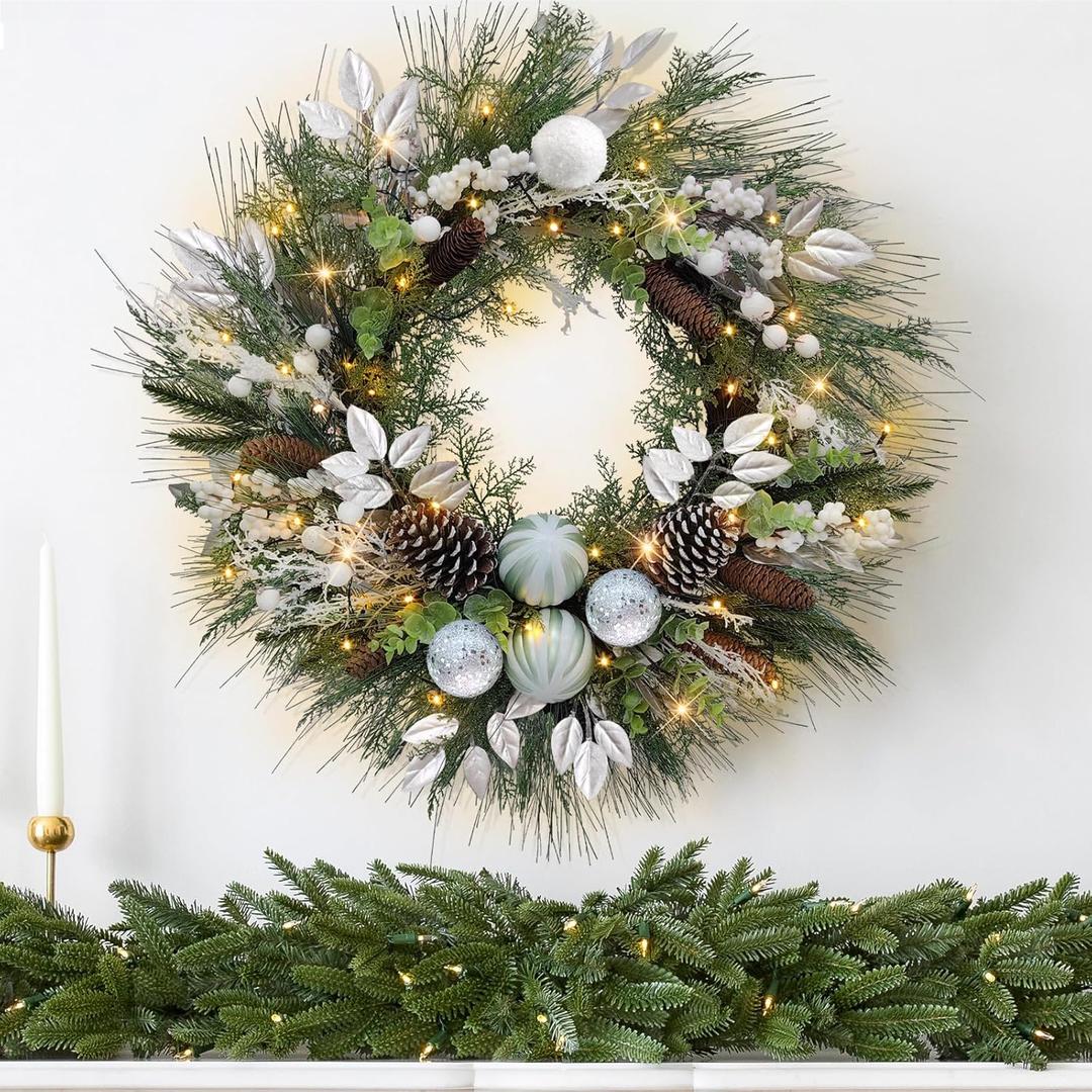 Christmas Lighted Wreath for Front Door, 28 Inches Pre-Lit 35 LED Lights Silvery Artificial Holiday Wreath with Silver Ornaments for Indoor Outdoor Home Decorations
