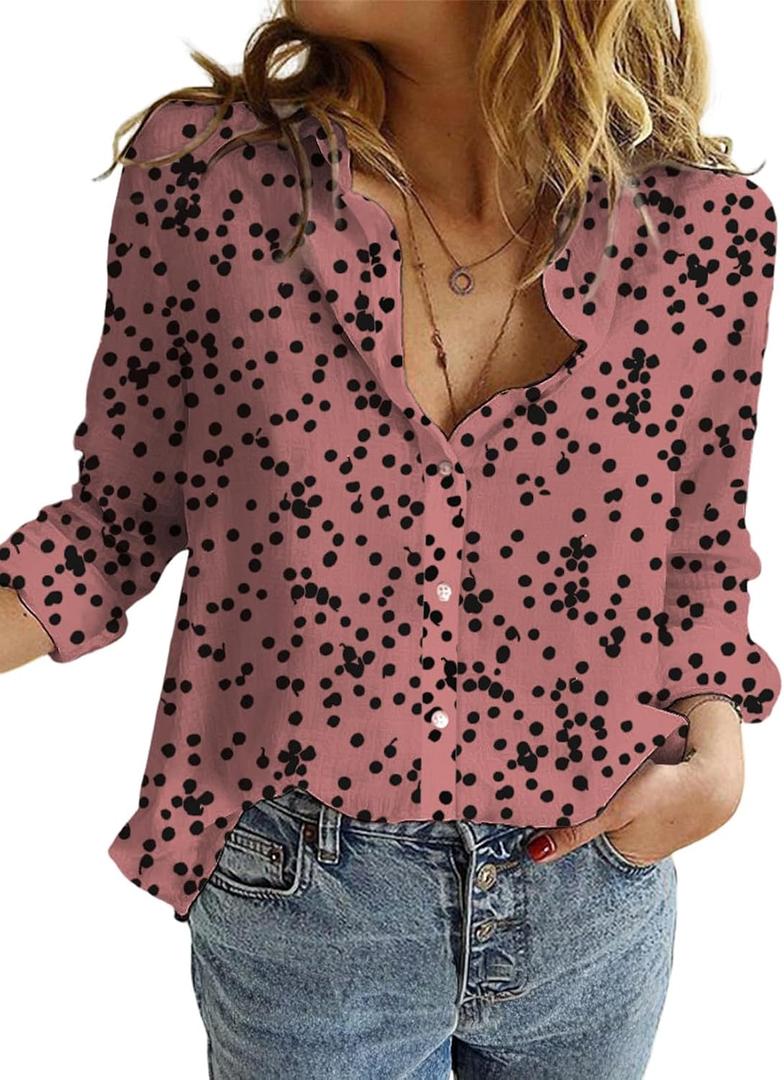 3 x Dokotoo Women's Casual V Neck Alicia Floral Print Roll Up Long Sleeve Chiffon Button Down Blouses Bohemian Top Shirts