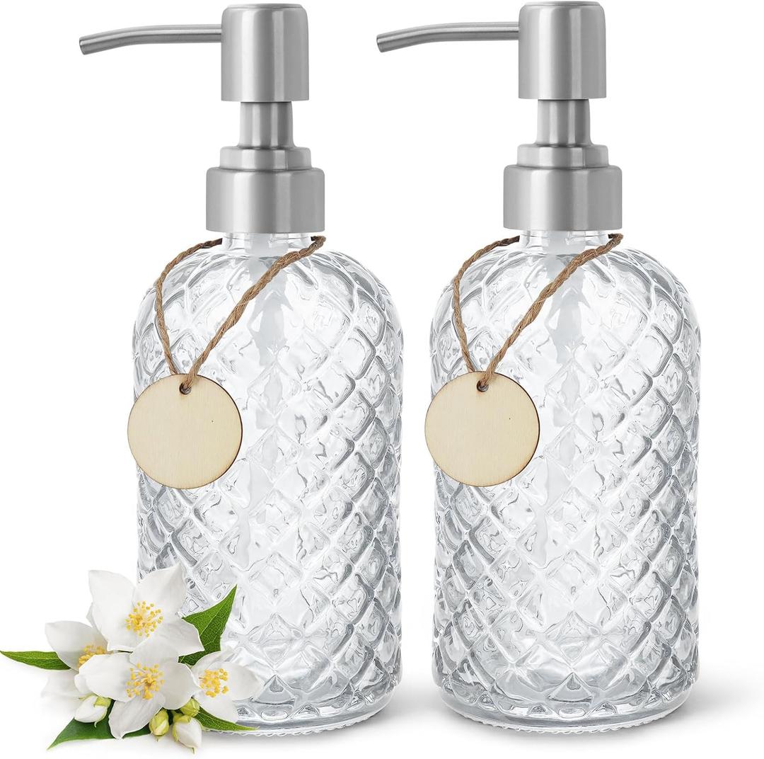 2 Pack Gem-Patterned Glass Soap Dispenser with Rust Proof Stainless Steel Pump-13 oz Liquid Hand Soap Dispenser for Kitchen & Bathroom,Great for Lotions, Essential Oil, Liquid Soaps-Clear