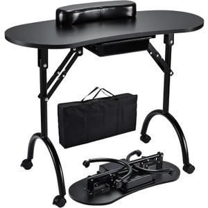 Joligrace Professional Foldable & Portable Manicure Table Nail Technician Desk Workstation with Rolling Wheels Large Drawer Client Wrist Pad Free Carrying Bag Travel Nail Tech Spa Beauty Table, Black