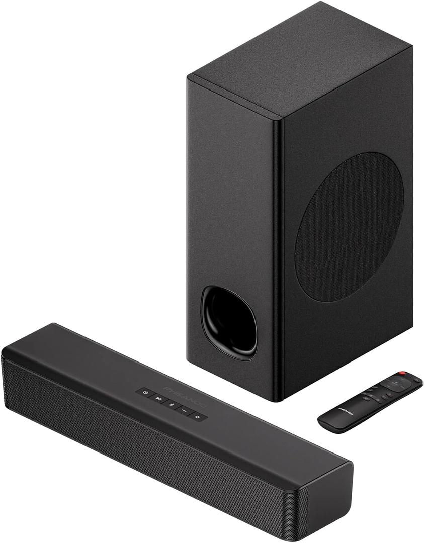 PHEANOO 2.1 Compact Sound Bars for TV with Subwoofer, HDMI ARC/Bluetooth 5.0/Optical/AUX/RCA Connection, Remote Control, Adjustable Bass, Wall Mountable  P15, 140W, 16 inch, Black