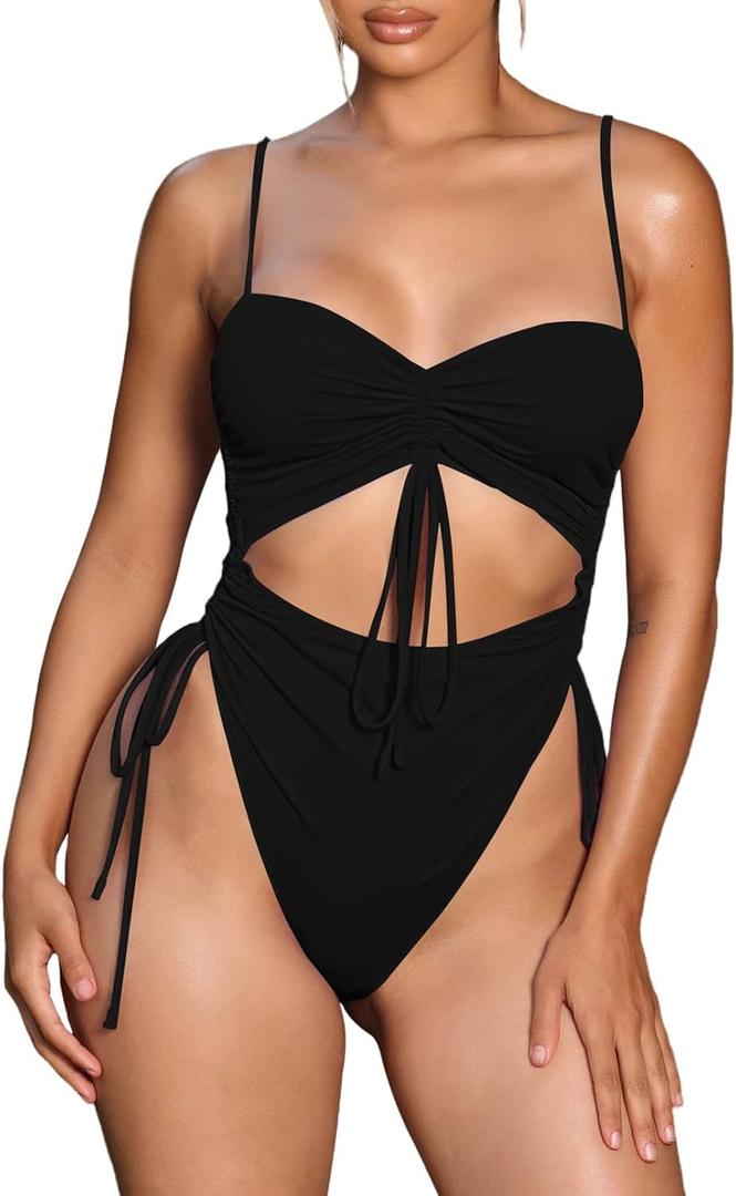 Viottiset Women's Cut Out Drawstring One Piece Swimsuit Cheeky High Cut Bathing Suit (Medium, Black)