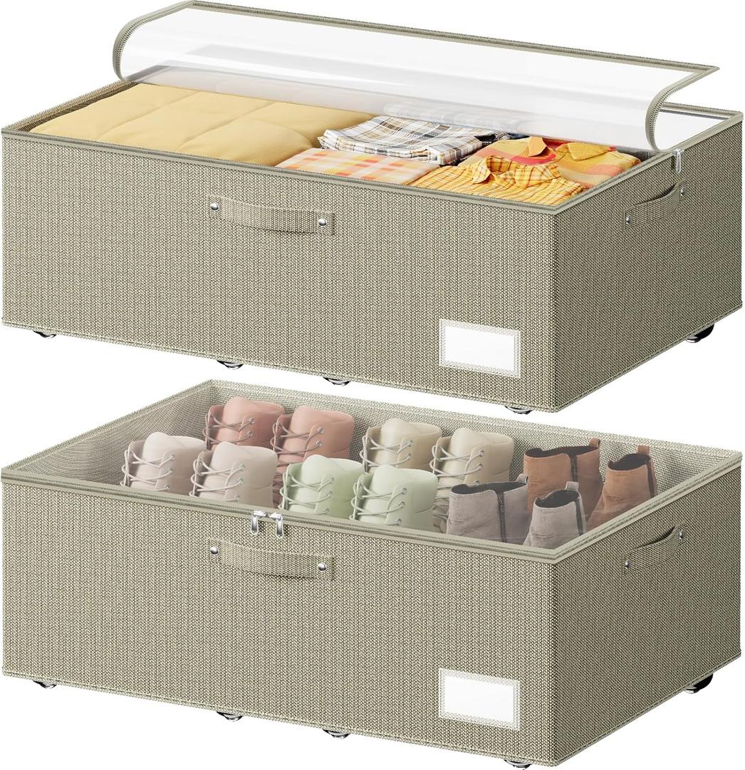 Dayacoco Underbed Storage with Wheels, 2 Pack Under Bed Storage Containers with Clear Lids, No Assembly Required 10.1 inch Rolling Under Bed Storage for Clothes, Beige