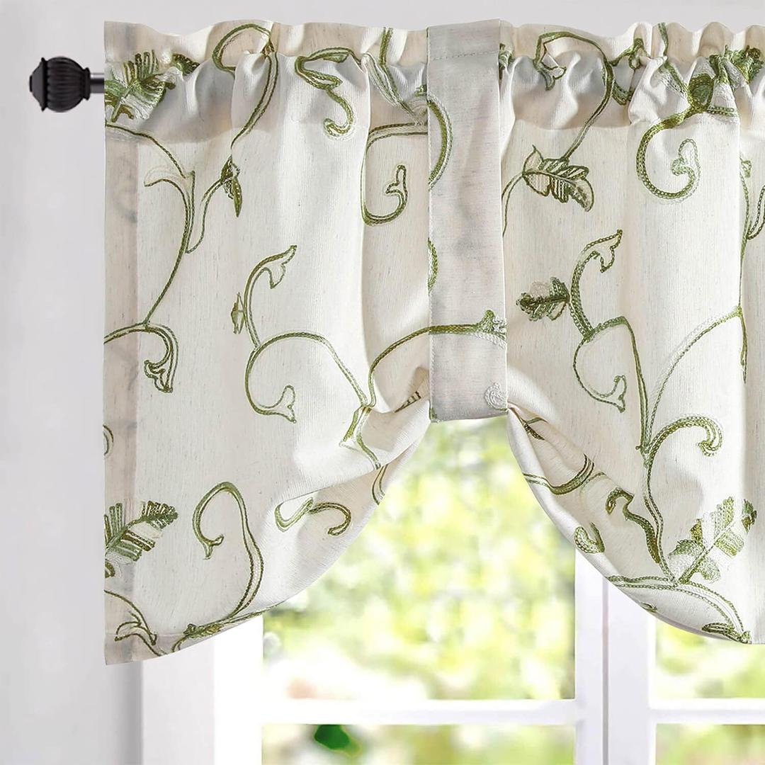 VOGOL Grass Green Embroidered Valance, Linen Textured Tie Up Valances for Bathroom, Rod Pocket Adjustable Window Shade, 52 x 18 Inch