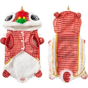 Chinese Dance Lion Dog Costume Chinese New Year Hoodies Spring Festival Winter Dog Warm Clothes Pet Coat Dress Up, Red, Large